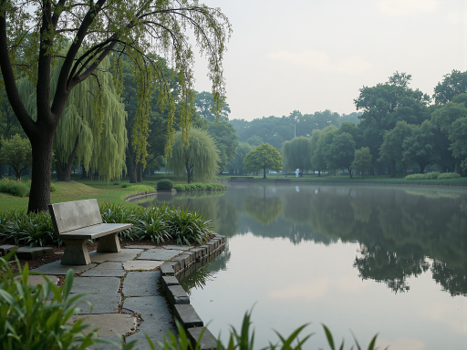 附近公园绿化景观，树木繁茂，人们休闲散步的场所，宁静的自然环境