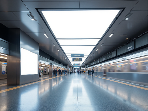 现代化地铁站入口，干净整洁的站台和指示牌，人们进出车站的日常场景